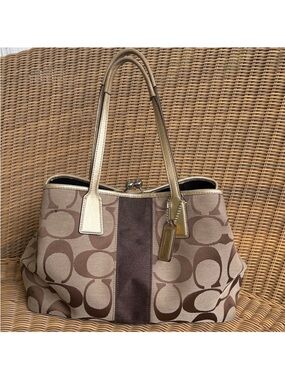 Coach Brown Kiss lock Signature Canvas Shoulder Bag with Gold Trim